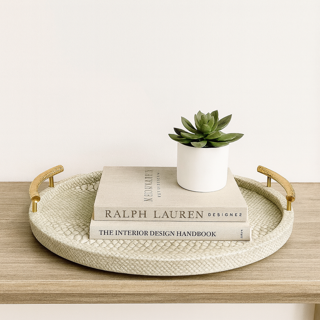 Round Grey Tray – Acrylic & PU Leather Serving Tray, Geometric Design Storage & Display Tray for Home, Bathroom, or Living Room Decor (Available in 2 Sizes)
