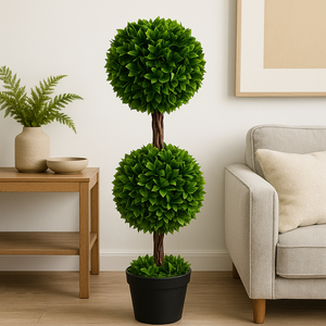 32" INCH Artificial Double Ball Topiary Tree –  Indoor/Outdoor Green Topiary Plant with Real Touch and Look in Black Pot – Home, Office, Patio and Garden Décor