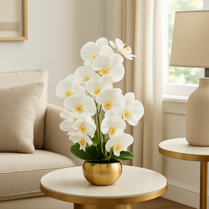 Plant Pot Medium White Artificial Orchid Flower Gold Plant Pot Floral Real Look Plant Real Touch White Flower Ceramic Planter