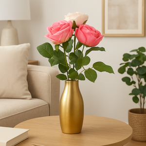 18" Artificial PINK Rose 3-Stem Bundle – Set of 3 PU Leather Faux Roses Tied with Ribbon – Removable Silk Stems for DIY Floral Arrangements, Bridal Bouquets, and Home Decor