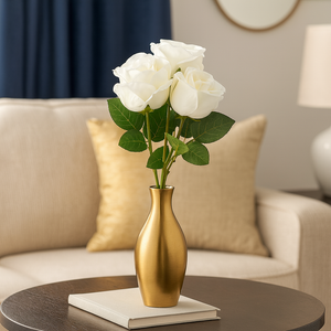 18" Artificial WHITE Rose 3-Stem Bundle – Set of 3 PU Leather Faux Roses Tied with Ribbon – Removable Silk Stems for DIY Floral Arrangements, Bridal Bouquets, and Home Decor
