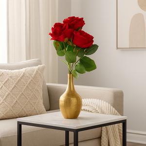 18" Artificial DEEP RED Rose 3-Stem Bundle – Set of 3 PU Leather Faux Roses Tied with Ribbon – Removable Silk Stems for DIY Floral Arrangements, Bridal Bouquets, and Home Decor