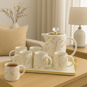 Tea Cups Set of Six with Kettle and Tray Hot Drink Cups with Tray Marble-look Gold and White Design Ceramic Luxury Looking Coffee Tea Mugs Set