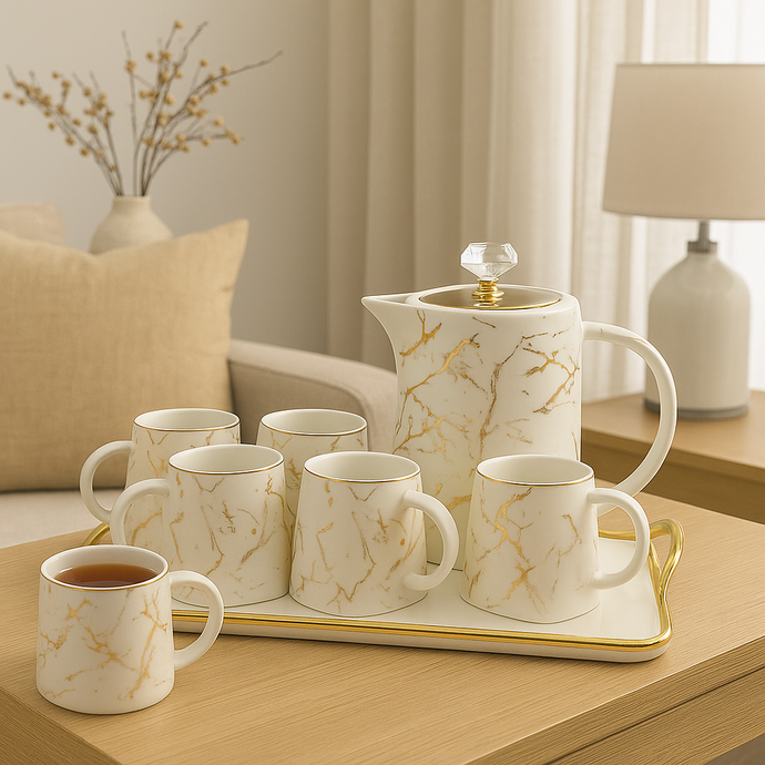 Tea Cups Set of Six with Kettle and Tray Hot Drink Cups with Tray Marble-look Gold and White Design Ceramic Luxury Looking Coffee Tea Mugs Set
