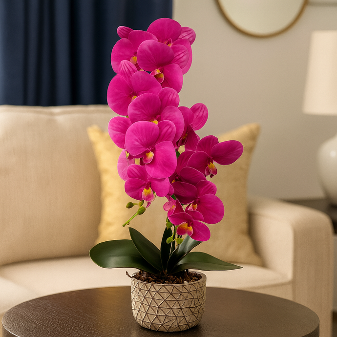 Plant Pot Purple and Green Artificial Orchid Flower Pot Floral Real Look Plant Real Touch with Grey Ceramic Flower Planter