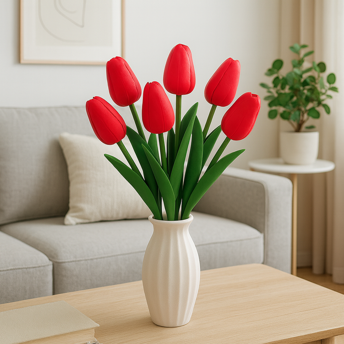 1-piece Tulip Flower Artificial PU Leather RED Tulip Stem – 13” Realistic Faux Flower with Green Leaves – Real Touch and Look Decorative Single Tulip for Home, Office, or Event Arrangements