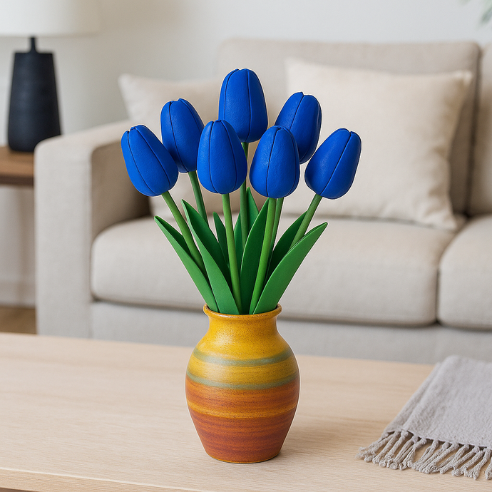 1-piece Tulip Flower Artificial PU Leather BLUE Tulip Stem – 13” Realistic Faux Flower with Green Leaves – Real Touch and Look Decorative Single Tulip for Home, Office, or Event Arrangements