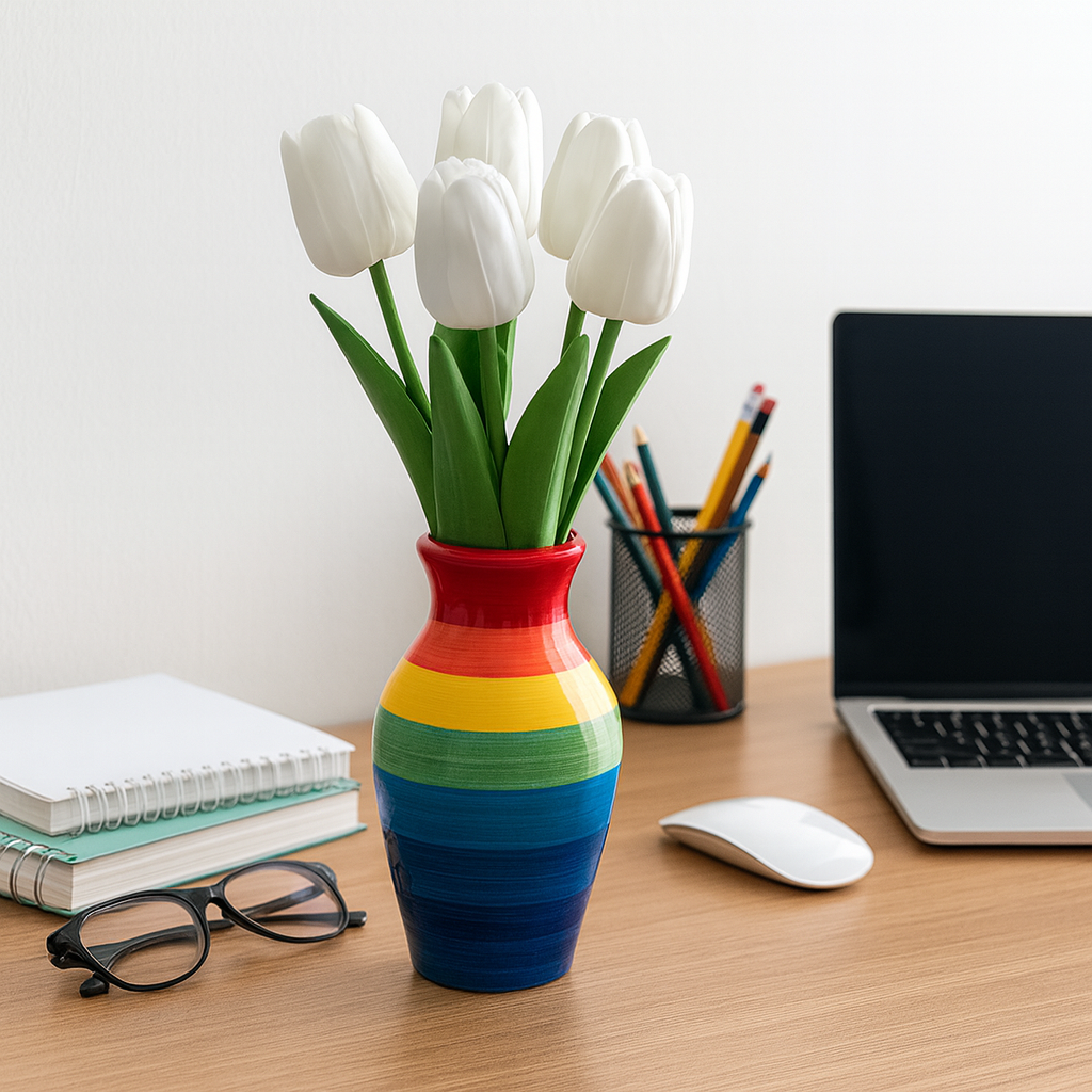 1-piece Tulip Flower Artificial PU Leather WHITE Tulip Stem – 13” Realistic Faux Flower with Green Leaves – Real Touch and Look Decorative Single Tulip for Home, Office, or Event Arrangements