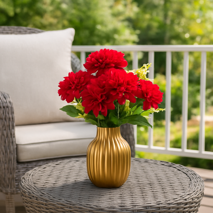Artificial Dahlia Flower Bunch – 7 Heads + Extension – 16” Tall Realistic Silk Faux Flowers with Greenery – RED Decorative Bouquet for Home, Wedding, Office or Vase Arrangement