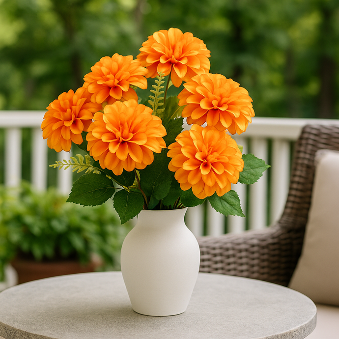 Artificial Dahlia Flower Bunch – 7 Heads + Extension – 16” Tall Realistic Silk Faux Flowers with Greenery – ORANGE Decorative Bouquet for Home, Wedding, Office or Vase Arrangement