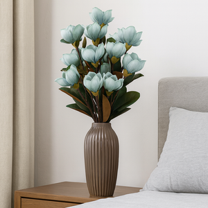 36" Artificial Magnolia Flower Stem – Realistic TEAL Faux Magnolia Bud with Lush Green Leaves – Tall PU Stem for Floor Vase, Home Decor & Event Arrangements