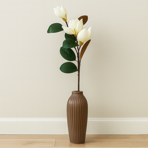 36" Artificial Magnolia Flower Stem – Realistic WHITE Faux Magnolia Bud with Lush Green Leaves – Tall PU Stem for Floor Vase, Home Decor & Event Arrangements