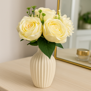 12" Artificial OFF-WHITE Rose Stem Bundle – Set of 6 Faux Roses Tied with Ribbon – Removable Silk Stems for DIY Floral Arrangements, Bridal Bouquets, and Home Decor