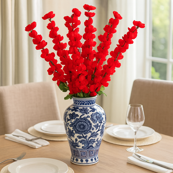 Artificial RED Cherry Blossom Bunch – 7 Long Silk Stems with Extension, 23