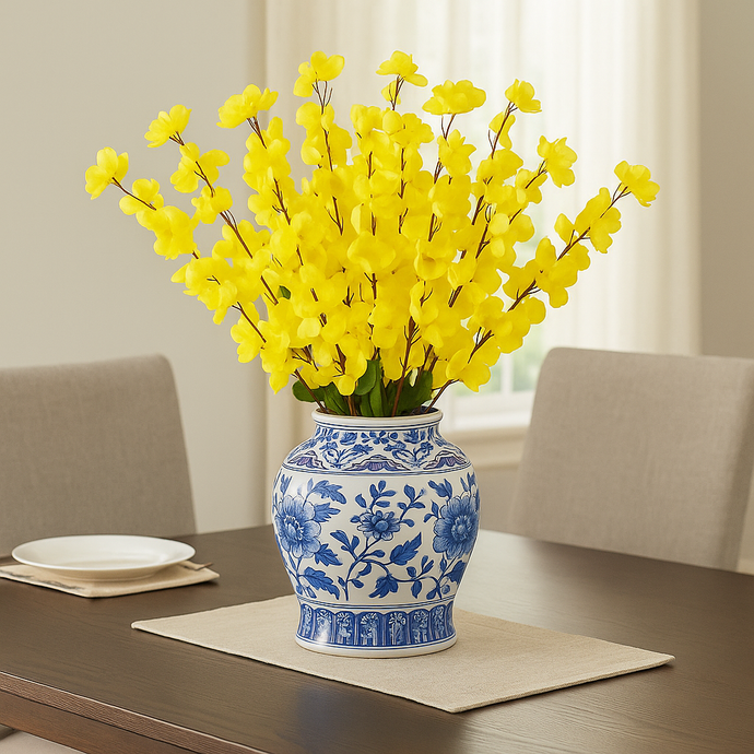 Artificial YELLOW Cherry Blossom Bunch – 7 Long Silk Stems with Extension, 23