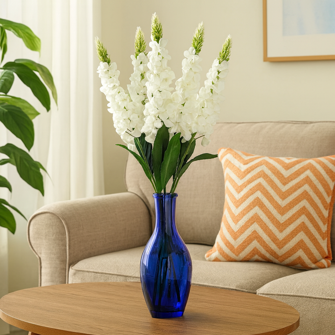 Artificial Lupine Flower Bunch – 22” Tall White Faux Floral Stems with Lush Leaves – Realistic Silk-Like Texture for Home Décor, Wedding, or Vase Display – 5-Head Decorative Bouquet with Extension