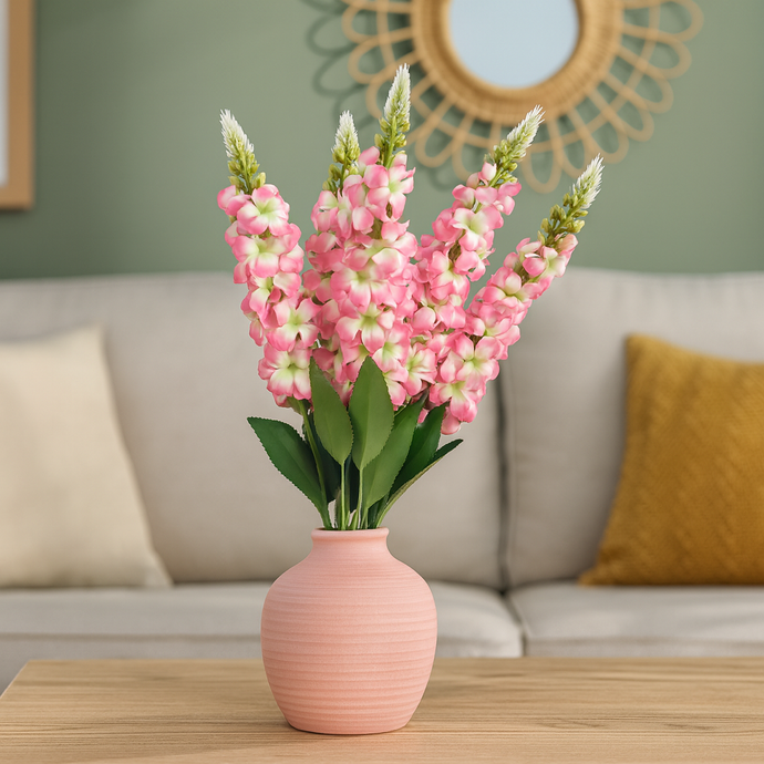 Artificial Lupine Flower Bunch – 22” Tall Pink and White Faux Floral Stems with Lush Leaves – Realistic Silk-Like Texture for Home Décor, Wedding, or Vase Display – 5-Head Decorative Bouquet with Extension