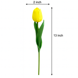 1-piece Tulip Flower Artificial PU Leather YELLOW Tulip Stem – 13” Realistic Faux Flower with Green Leaves – Real Touch and Look Decorative Single Tulip for Home, Office, or Event Arrangements