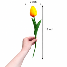 1-piece Tulip Flower Artificial PU Leather ORANGE WITH YELLOW Tulip Stem – 13” Realistic Faux Flower with Green Leaves – Real Touch and Look Decorative Single Tulip for Home, Office, or Event Arrangements