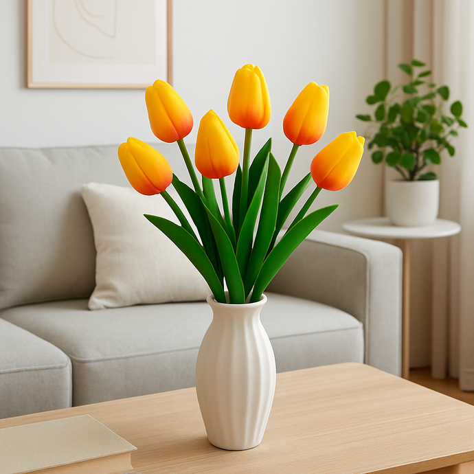 1-piece Tulip Flower Artificial PU Leather ORANGE WITH YELLOW Tulip Stem – 13” Realistic Faux Flower with Green Leaves – Real Touch and Look Decorative Single Tulip for Home, Office, or Event Arrangements