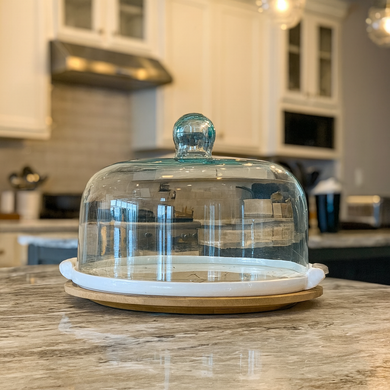 Glass Dome Cake Stand with Marble Ceramic Plate & Wooden Base – Elegant Food Display Cover for Cakes, Pastries & Cheese