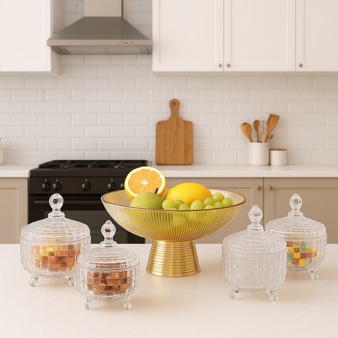 5-piece Set, Four Clear Glass Snack Plates/ Jars with Lids and One Golden Glass Fruit Bowl, Serving Glass Bowls Classy Transparent see-through Condiment Jars