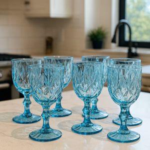 6-piece Set BLUE Glass Goblets Drinking Cups Clear Thick Glass Juice Cups Crystal Colour Glass Set of SIX