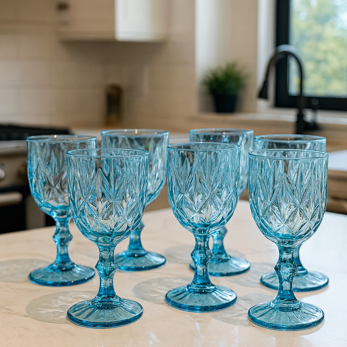 6-piece Set BLUE Glass Goblets Drinking Cups Clear Thick Glass Juice Cups Crystal Colour Glass Set of SIX