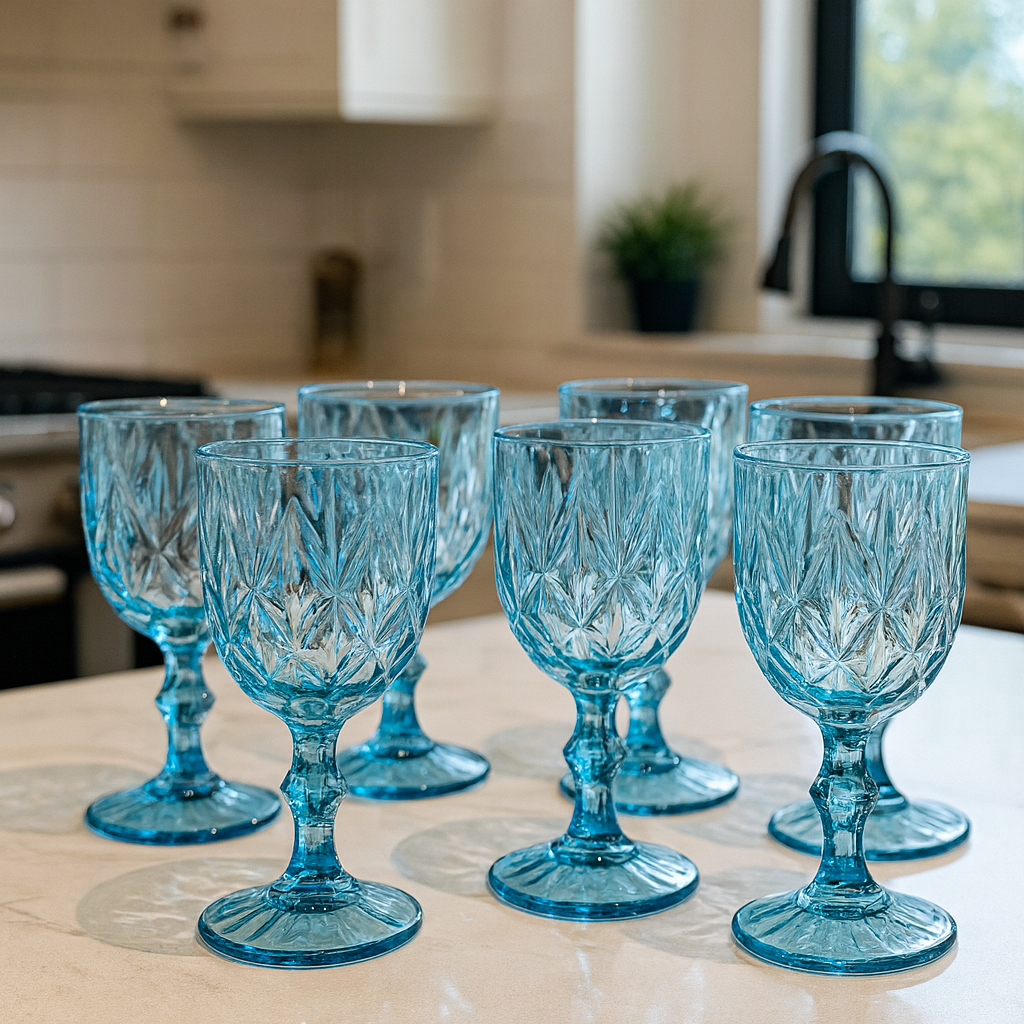 6-piece Set BLUE Glass Goblets Drinking Cups Clear Thick Glass Juice Cups Crystal Colour Glass Set of SIX