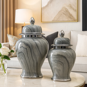 13" Ginger Jar in Silver and Grey Shades Ceramic Marble look Vase with Lid – Medium Decorative Centrepiece for Living Room and Kitchen Décor (1 piece included)