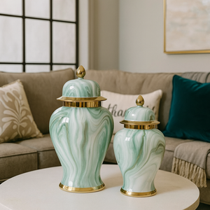 13" Ginger Jar in Gold, White and Teal Shades Ceramic Marble look Vase with Lid – Medium Decorative Centrepiece for Living Room and Kitchen Décor (1 piece included)