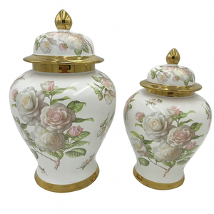 13" Ginger Jar in Gold, White & Multi Shades Ceramic Flower Design Vase with Lid – Medium Decorative Centrepiece for Living Room and Kitchen Décor (1 piece included)
