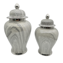 16" Ginger Jar in Silver & Grey Shades Ceramic Marble look Vase with Lid – Large Decorative Centrepiece for Living Room and Kitchen Décor (1 piece included)
