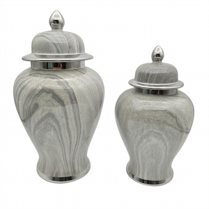 16" Ginger Jar in Silver & Grey Shades Ceramic Marble look Vase with Lid – Large Decorative Centrepiece for Living Room and Kitchen Décor (1 piece included)