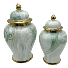 13" Ginger Jar in Gold, White and Teal Shades Ceramic Marble look Vase with Lid – Medium Decorative Centrepiece for Living Room and Kitchen Décor (1 piece included)