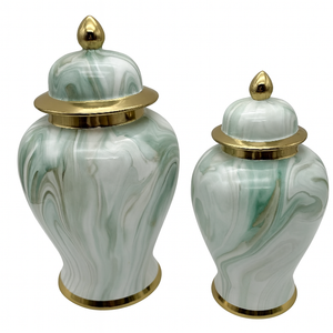 13" Ginger Jar in Gold, White and Teal Shades Ceramic Marble look Vase with Lid – Medium Decorative Centrepiece for Living Room and Kitchen Décor (1 piece included)