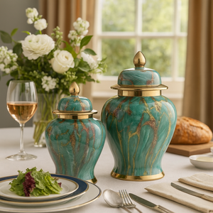 16" Ginger Jar in Gold and Teal Shades Ceramic Marble look Vase with Lid – Large Decorative Centrepiece for Living Room and Kitchen Décor (1 piece included)