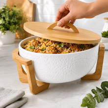 White Ceramic Serving Bowl with Bamboo Lid & Wooden Stand – Large Covered Food Serving Dish with Ceramic Spoon for Rice, Biryani, Pasta, Salads & Entertaining