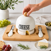Bamboo Cheese Board Set with Ceramic Cheese Dome & 2 Serving Knives – Wooden Charcuterie Platter for Cheese, Crackers, Appetizers & Entertaining