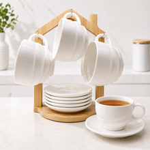 6-Piece Ceramic Tea Cup & Saucer Set with House-Shaped Bamboo Wooden Stand – 6 White Tea Cups, 6 Matching Saucers, Modern Mug Holder Rack for Coffee, Tea, Cappuccino & Kitchen Countertop Display