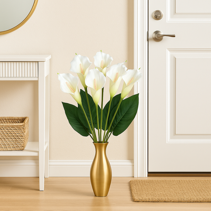 Artificial WHITE Calla Lily Flower Bouquet – 7 Heads with Green Leaves & Extension, Premium PU Material, 23” Tall Real Touch Lilly Flower Bunch for Home Decor, Wedding Centrepieces, Office & Table Arrangements
