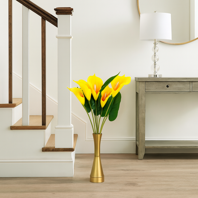 Artificial YELLOW with Orange Calla Lily Flower Bouquet – 7 Heads with Green Leaves & Extension, Premium PU Material, 23” Tall Real Touch Lilly Flower Bunch for Home Decor, Wedding Centrepieces, Office & Table Arrangements