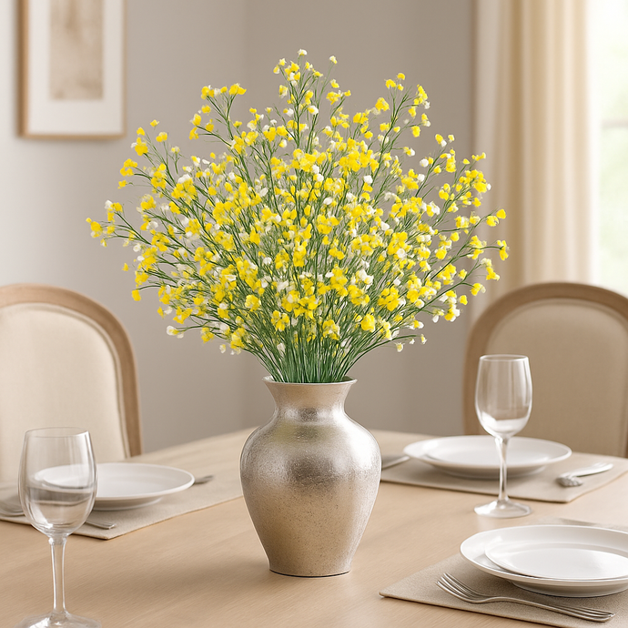 Artificial Baby’s Breath Stem – 23” YELLOW with White Gypsophila Flowers with Green Leaves – Realistic Faux Floral Branch for Vases, Bouquets, Wedding Centrepieces, and DIY Home Decor