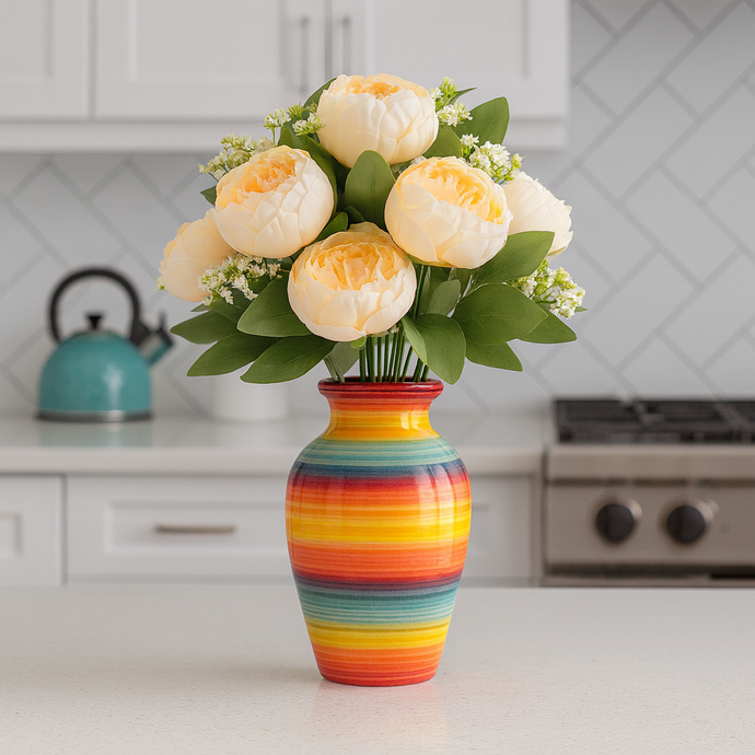 Artificial PEACH Peony Flower Bouquet with 12 Peonies and Fillers – Real Touch Silk Flowers for Home Decor, Wedding Centrepiece, Office, or Gift – 16 Inch Tall