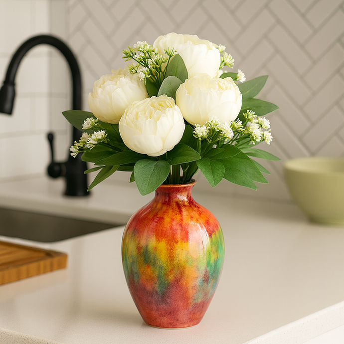 Artificial WHITE Peony Flower Bouquet with 12 Peonies and Fillers – Real Touch Silk Flowers for Home Decor, Wedding Centerpiece, Office, or Gift – 16 Inch Tall
