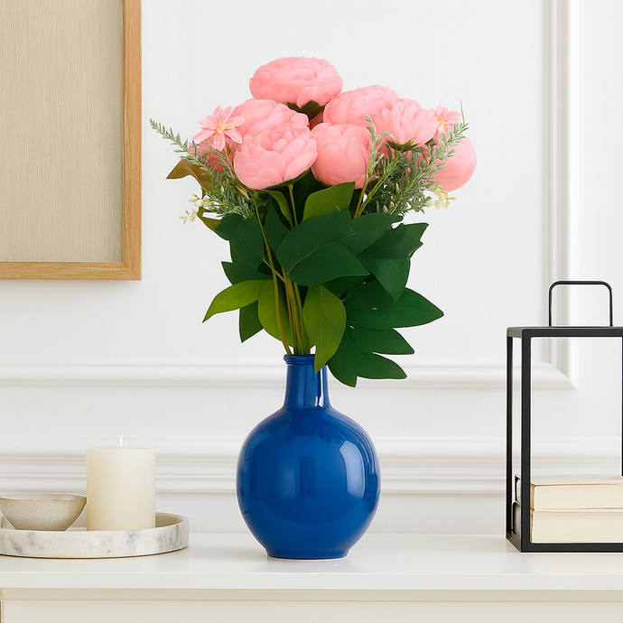 Artificial PINK Peony Flower Bunch – 6 Peony Heads with Extension and Flower Leaves, 20