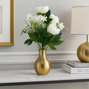 Artificial WHITE Peony Flower Bunch – 6 Peony Heads with Extension and Flower Leaves, 20" INCH Faux Peonies for Vase, Ginger Jars, Home Decor, Wedding Decor
