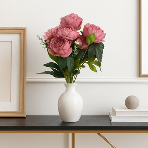 Artificial CHERRY WINE Peony Flower Bunch – 6 Peony Heads with Extension and Flower Leaves, 20" INCH Faux Peonies for Vase, Ginger Jars, Home Decor, Wedding Decor