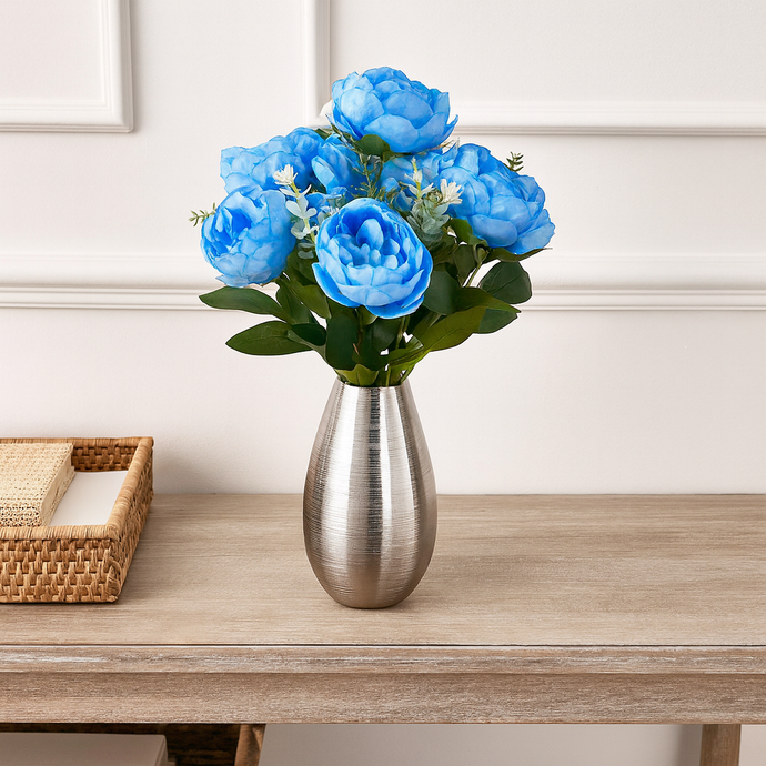 Artificial BLUE Peony Flower Bunch – 6 Peony Heads with Extension and Flower Leaves, 20
