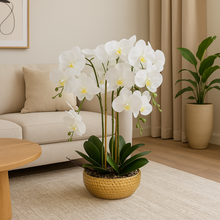 Plant Pot 26" INCH Tall | x-Large White Artificial Orchid Flower Gold Plant Pot Floral Real Look Plant Real Touch White Flower Ceramic Planter